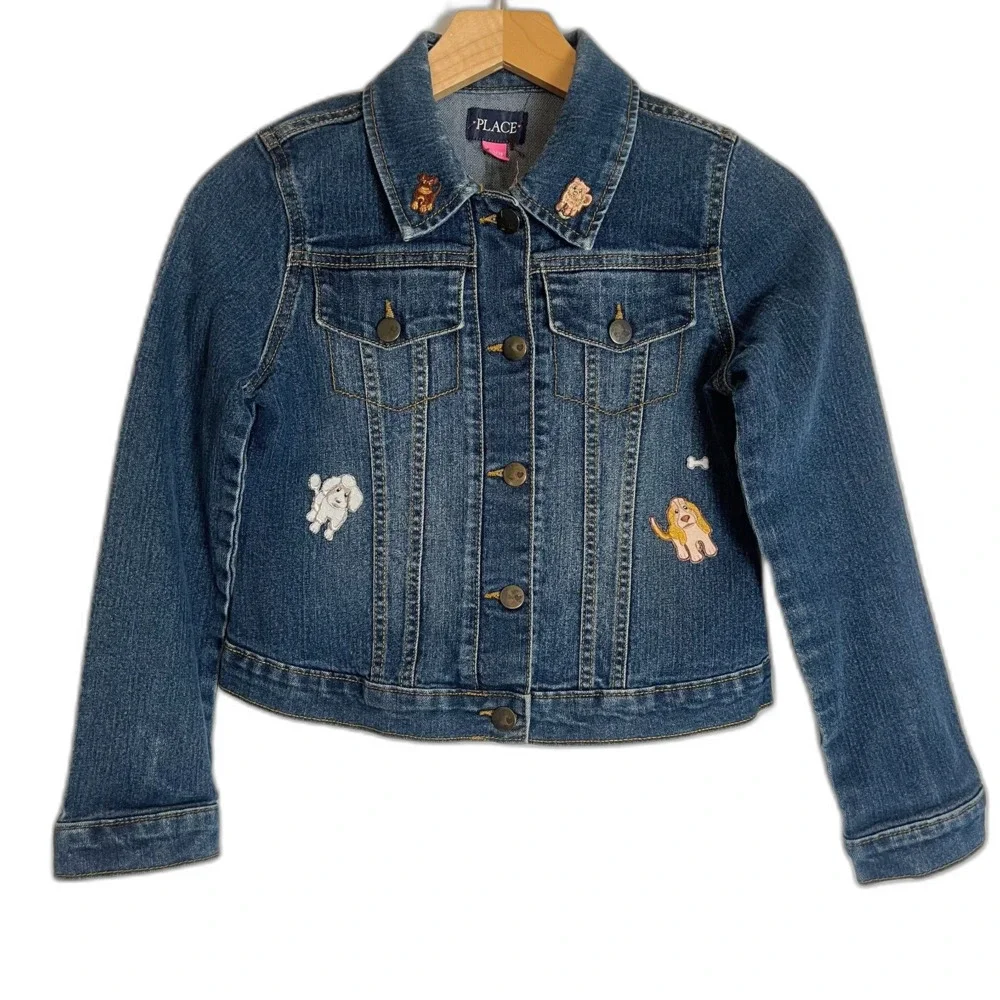 Kid's Denim Jacket Dog Patches Children's Place Size 10-12 Girl's